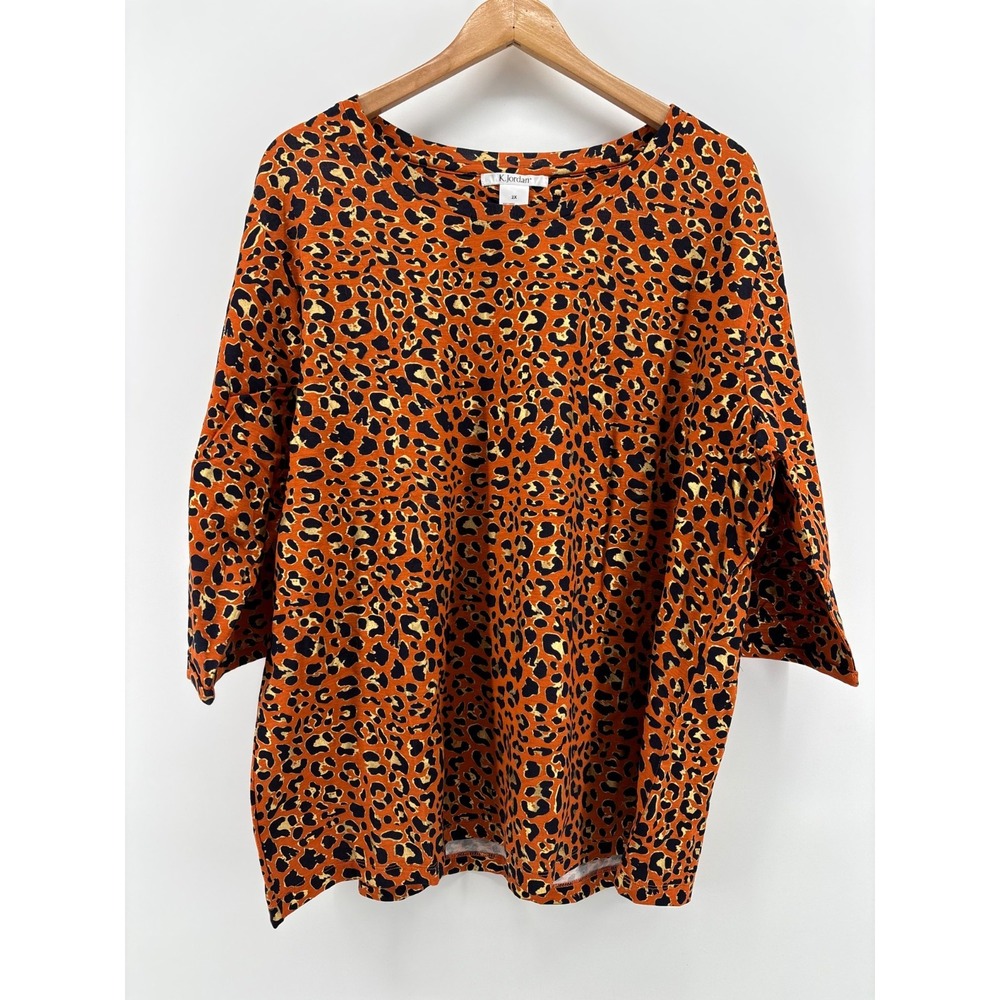 K Jordan Top Womens Orange Black Cheetah Print Stretch Crew Neck 3/4 Sleeve XXL
